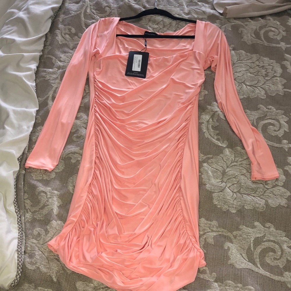 Shape Peach Slinky SquareNeck Ruched Bodycon Dress